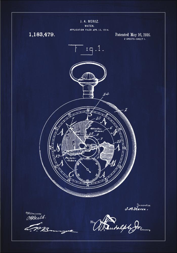 Bildverkstad Patent drawing - Pocketwatch - Blue Poster